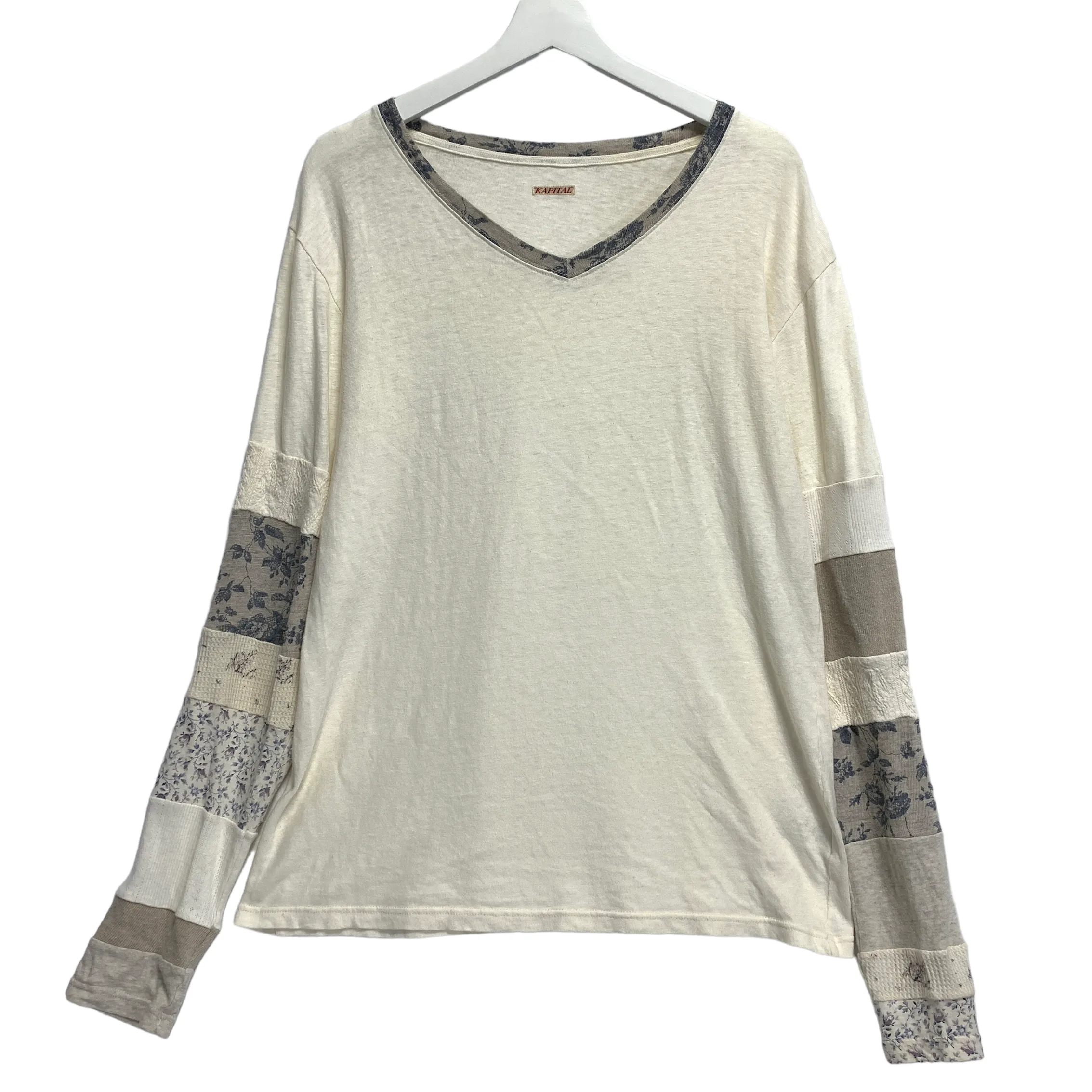 [2] Kapital Patchwork Sleeve V Neck L/S T Shirt Tee