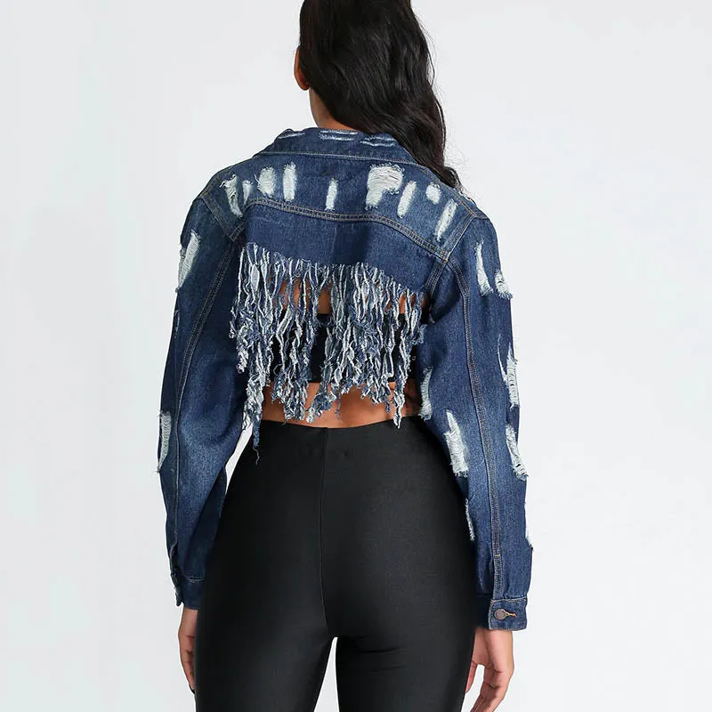 30 Pieces) Tassel Design Raw Hem Ripped Denim Jacket