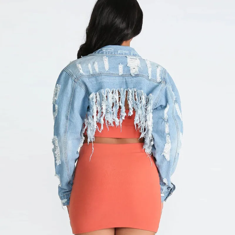 30 Pieces) Tassel Design Raw Hem Ripped Denim Jacket