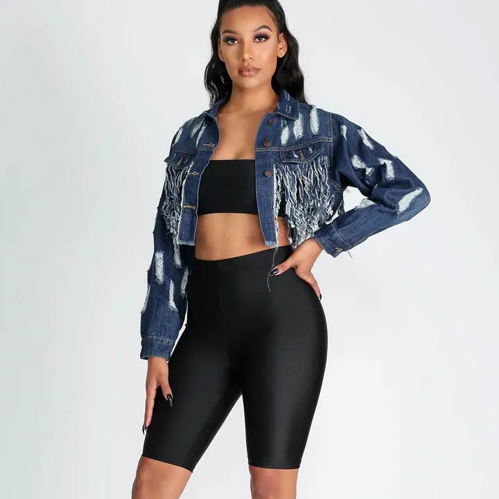 30 Pieces) Tassel Design Raw Hem Ripped Denim Jacket