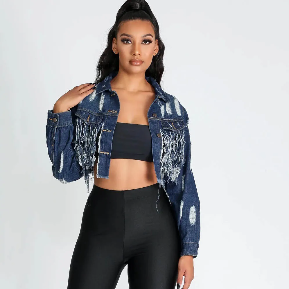 30 Pieces) Tassel Design Raw Hem Ripped Denim Jacket