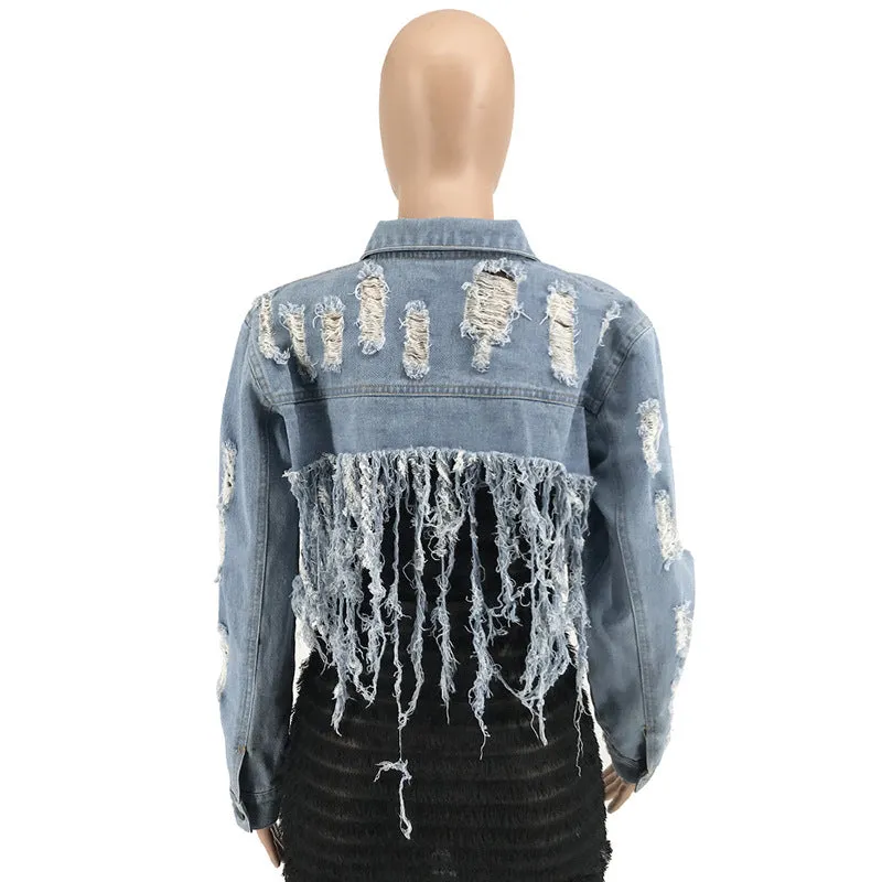 30 Pieces) Tassel Design Raw Hem Ripped Denim Jacket