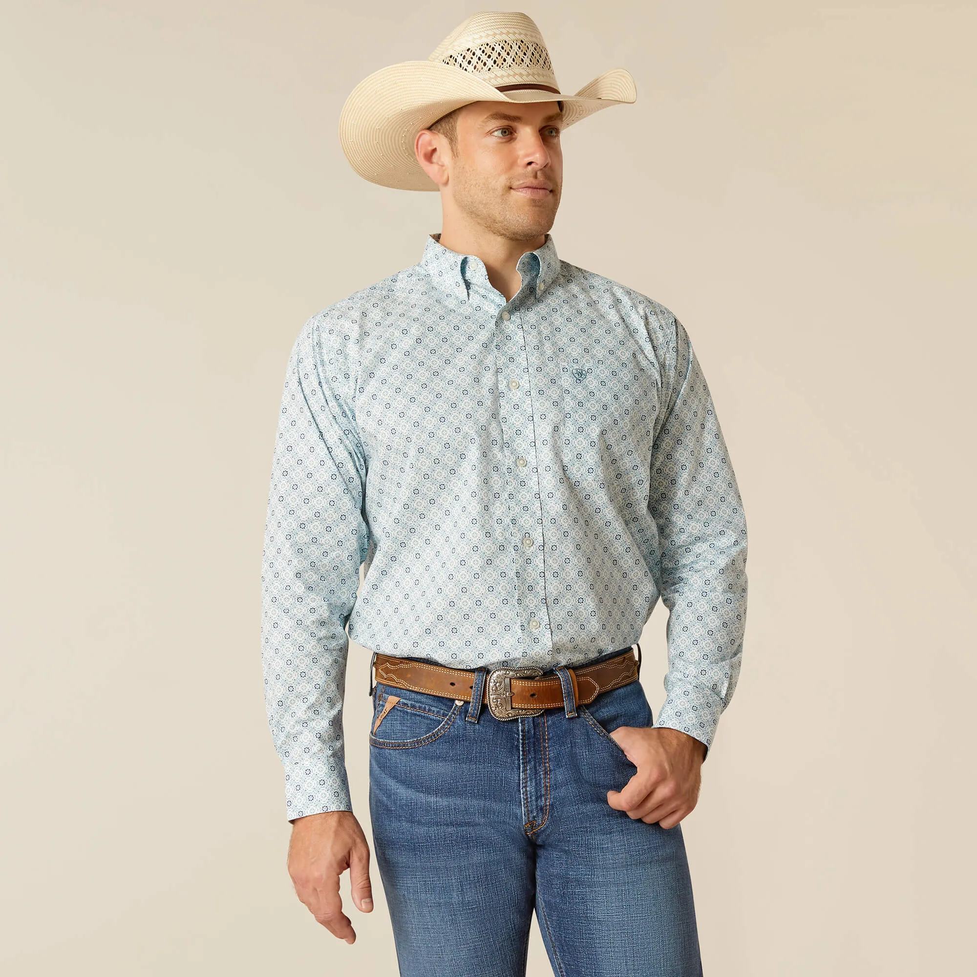 Ariat Eamon Blue Geometric Print Classic Fit Button-Down Shirt for Men