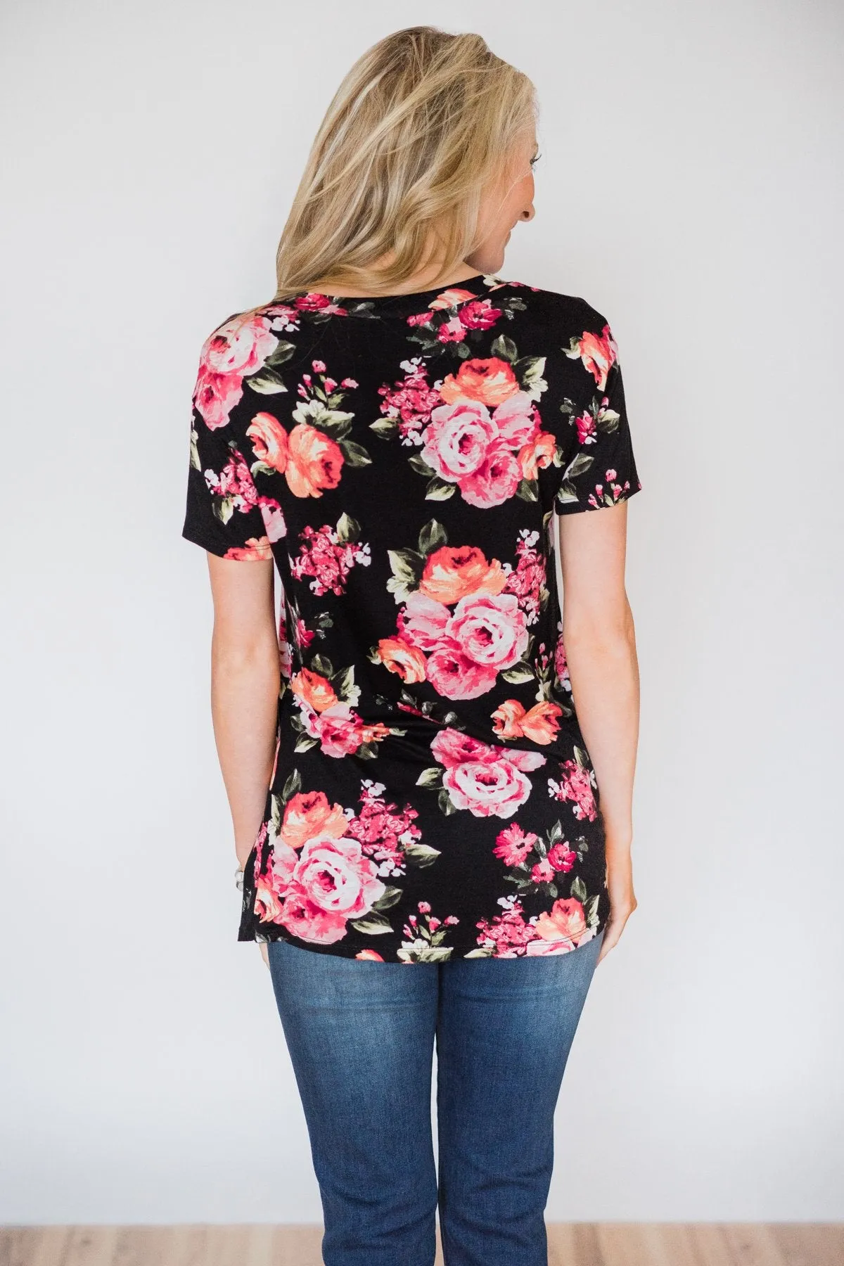 Attracted to You Floral V-Neck Pocket Top- Black