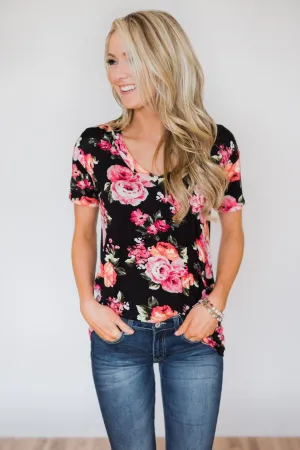 Attracted to You Floral V-Neck Pocket Top- Black