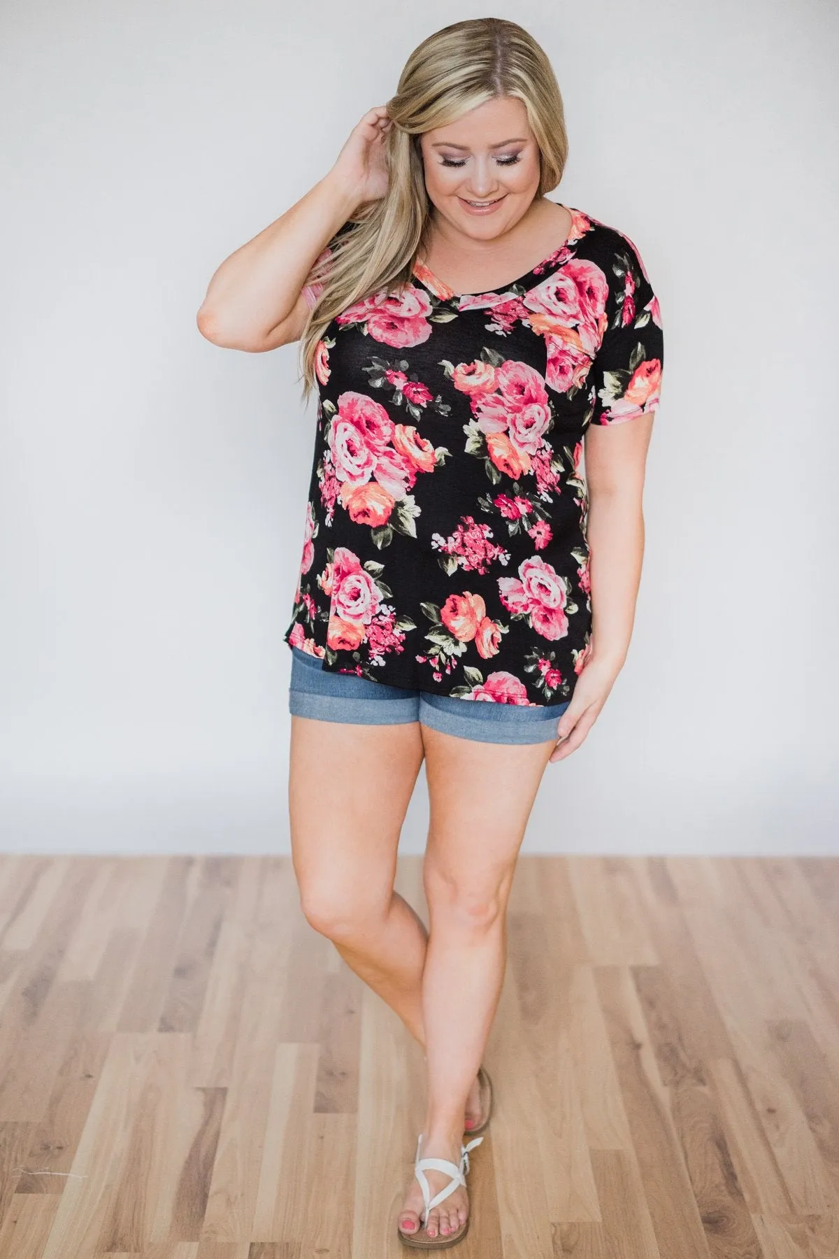 Attracted to You Floral V-Neck Pocket Top- Black