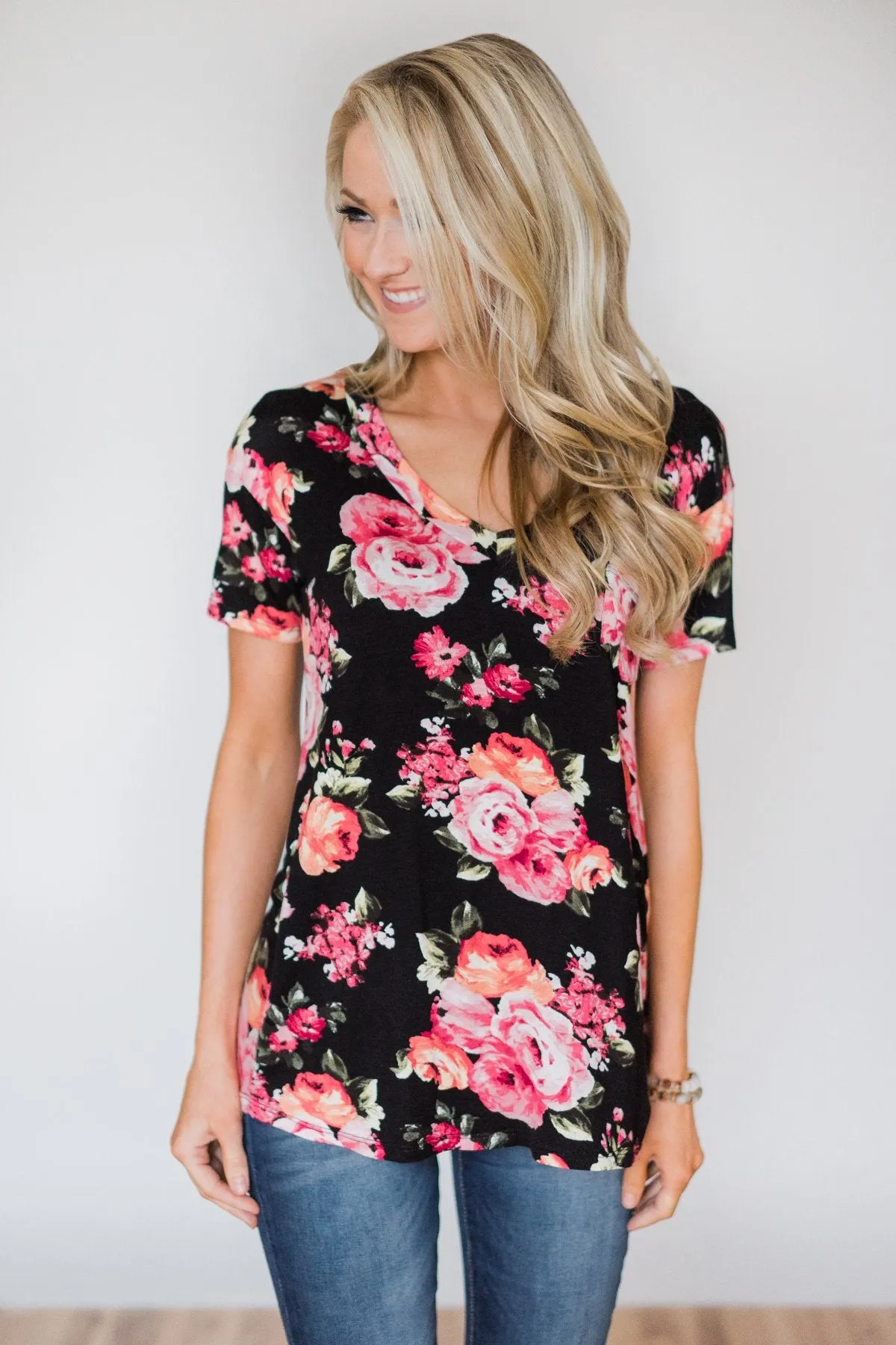 Attracted to You Floral V-Neck Pocket Top- Black