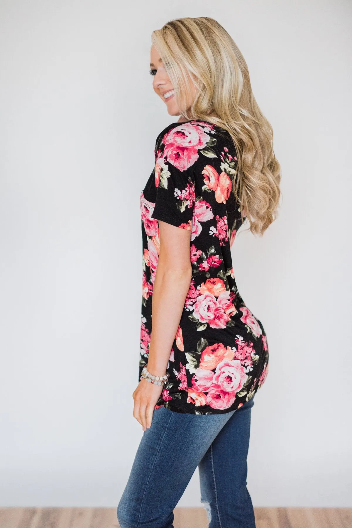Attracted to You Floral V-Neck Pocket Top- Black