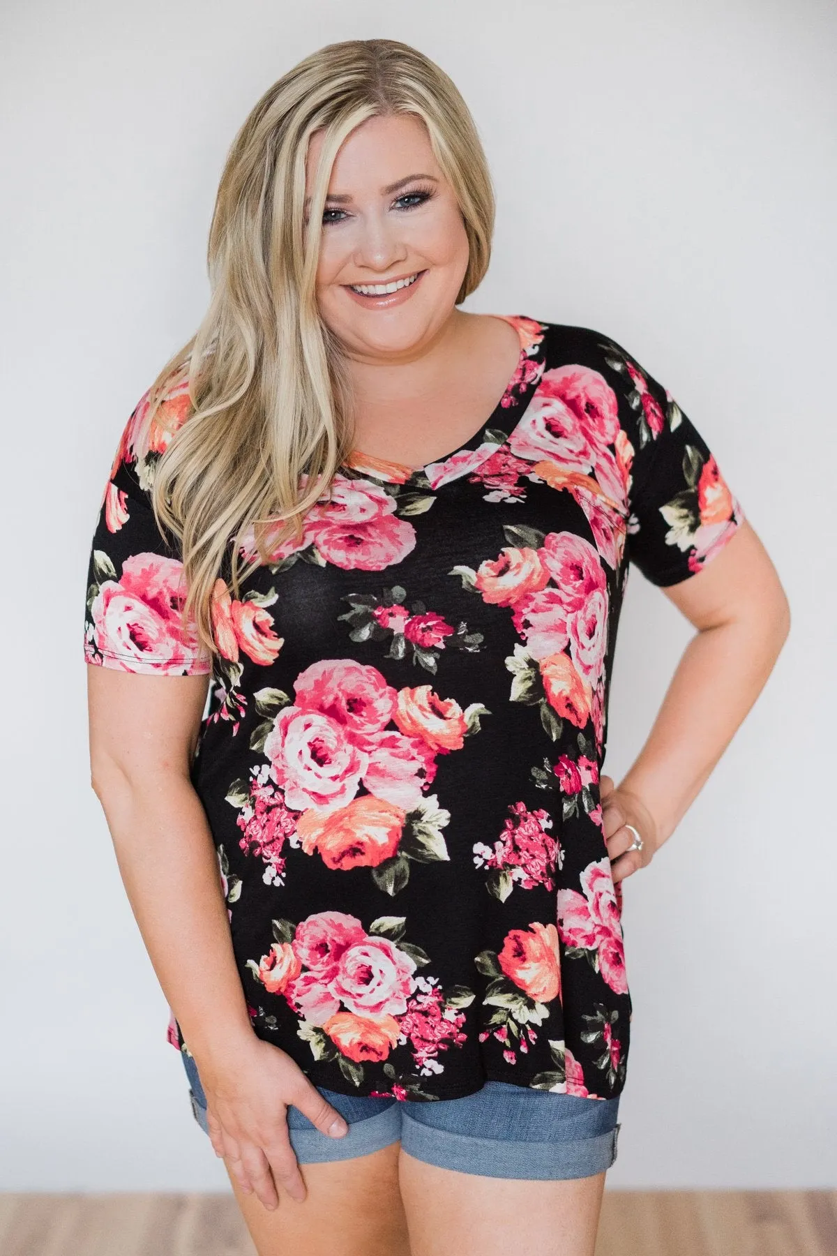 Attracted to You Floral V-Neck Pocket Top- Black