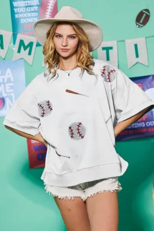 Baseball Glitter Crew Neck Oversized Pullover