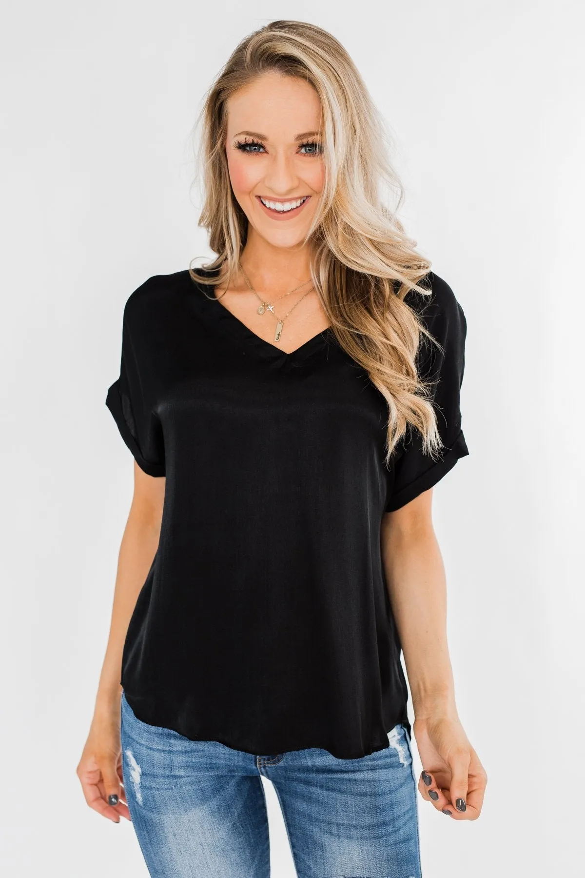Basic Beauty V-Neck Short Sleeve Top- Black