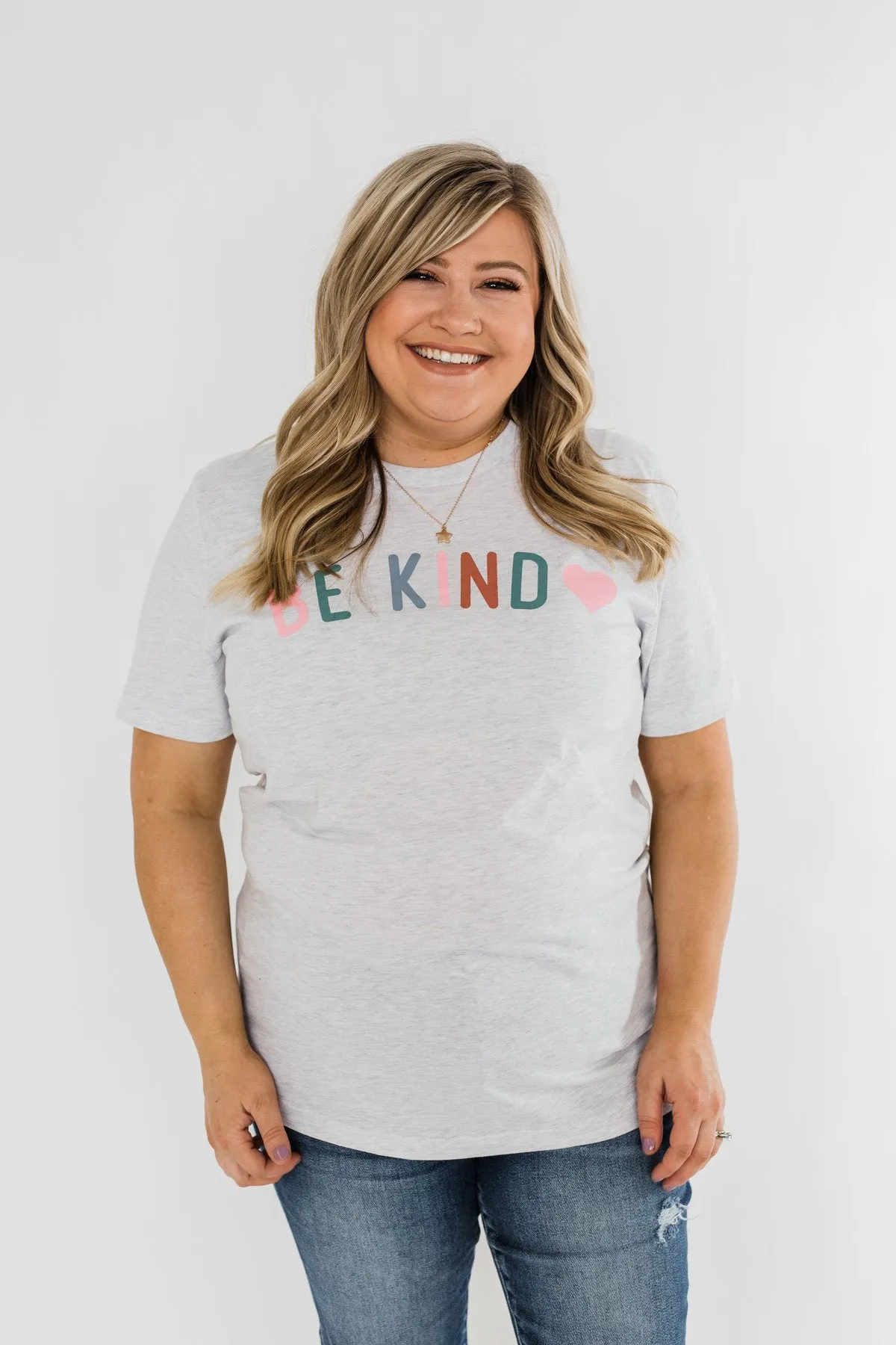 Be Kind With A Heart Graphic Tee- Heather Grey