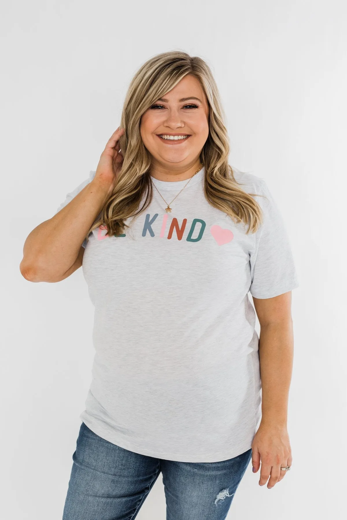 Be Kind With A Heart Graphic Tee- Heather Grey