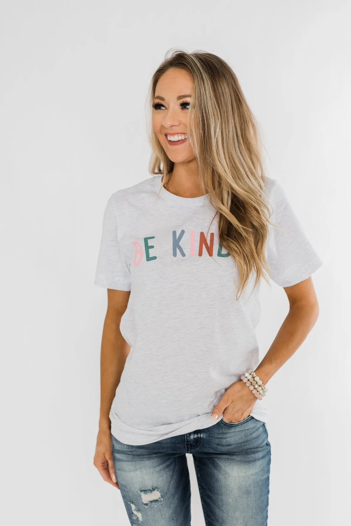 Be Kind With A Heart Graphic Tee- Heather Grey