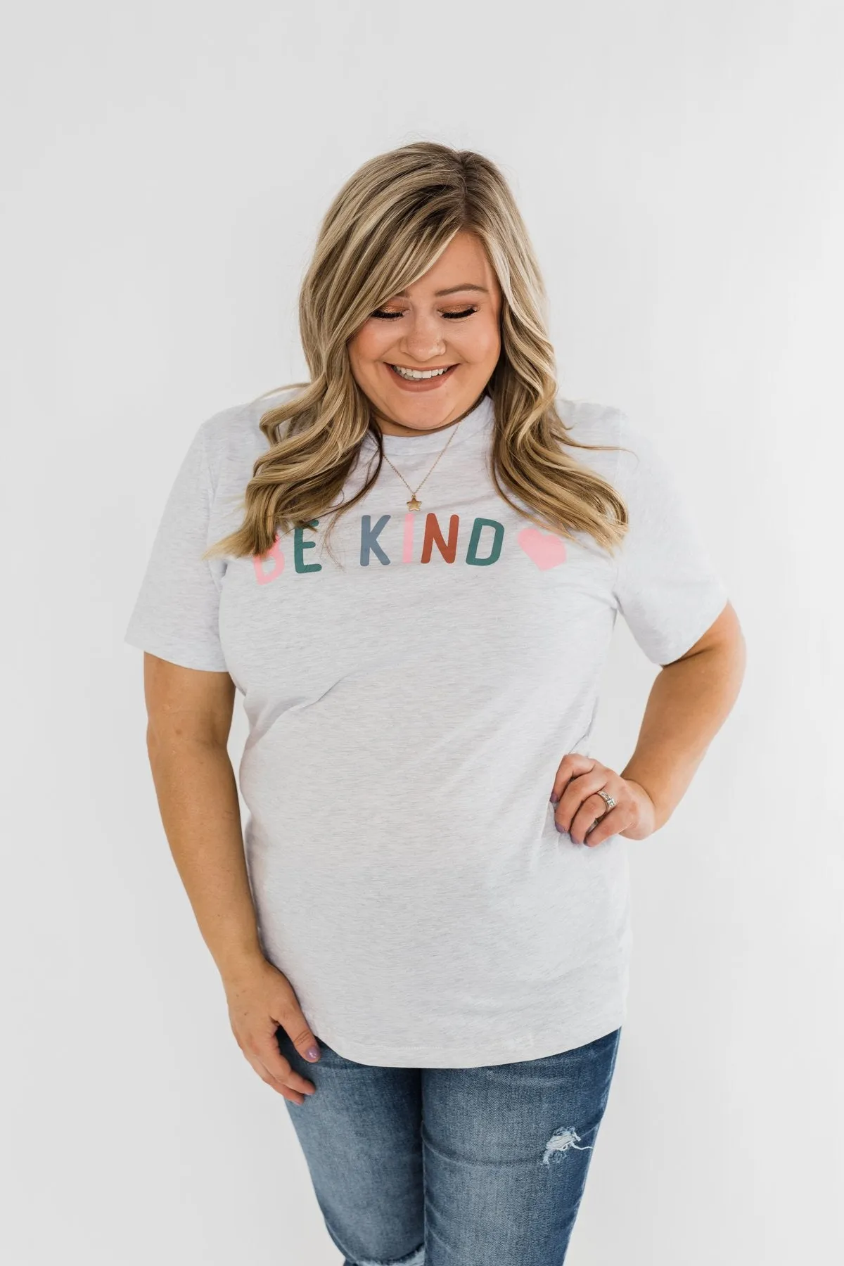 Be Kind With A Heart Graphic Tee- Heather Grey