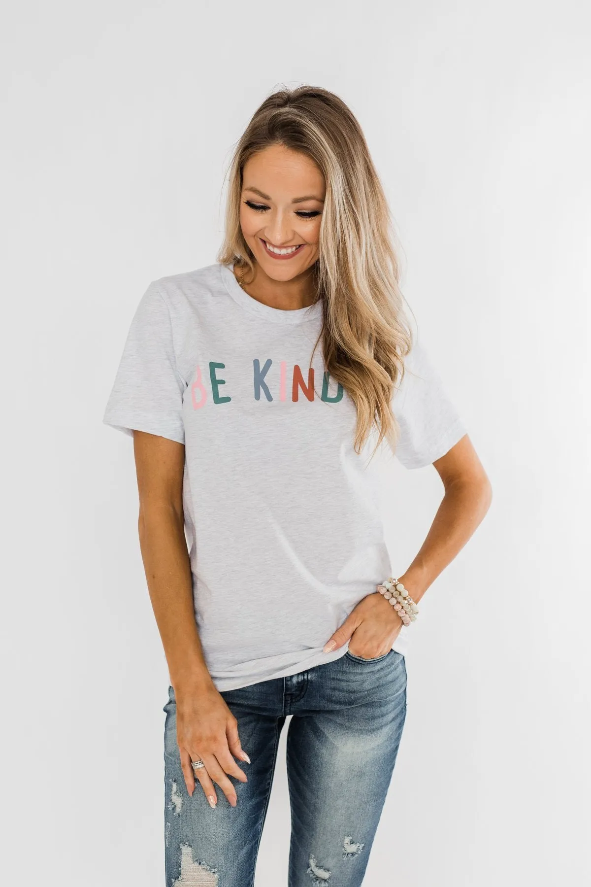 Be Kind With A Heart Graphic Tee- Heather Grey