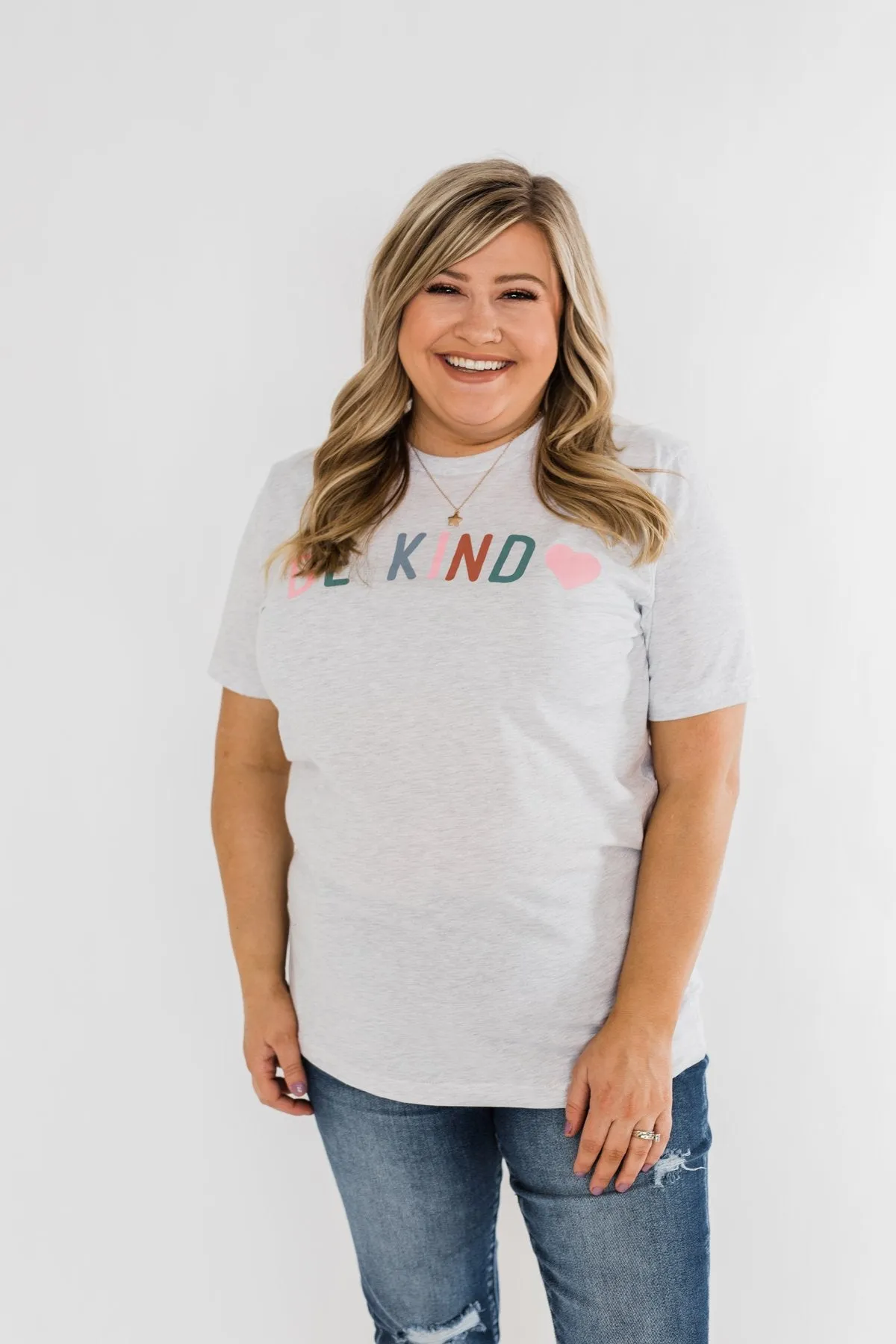 Be Kind With A Heart Graphic Tee- Heather Grey