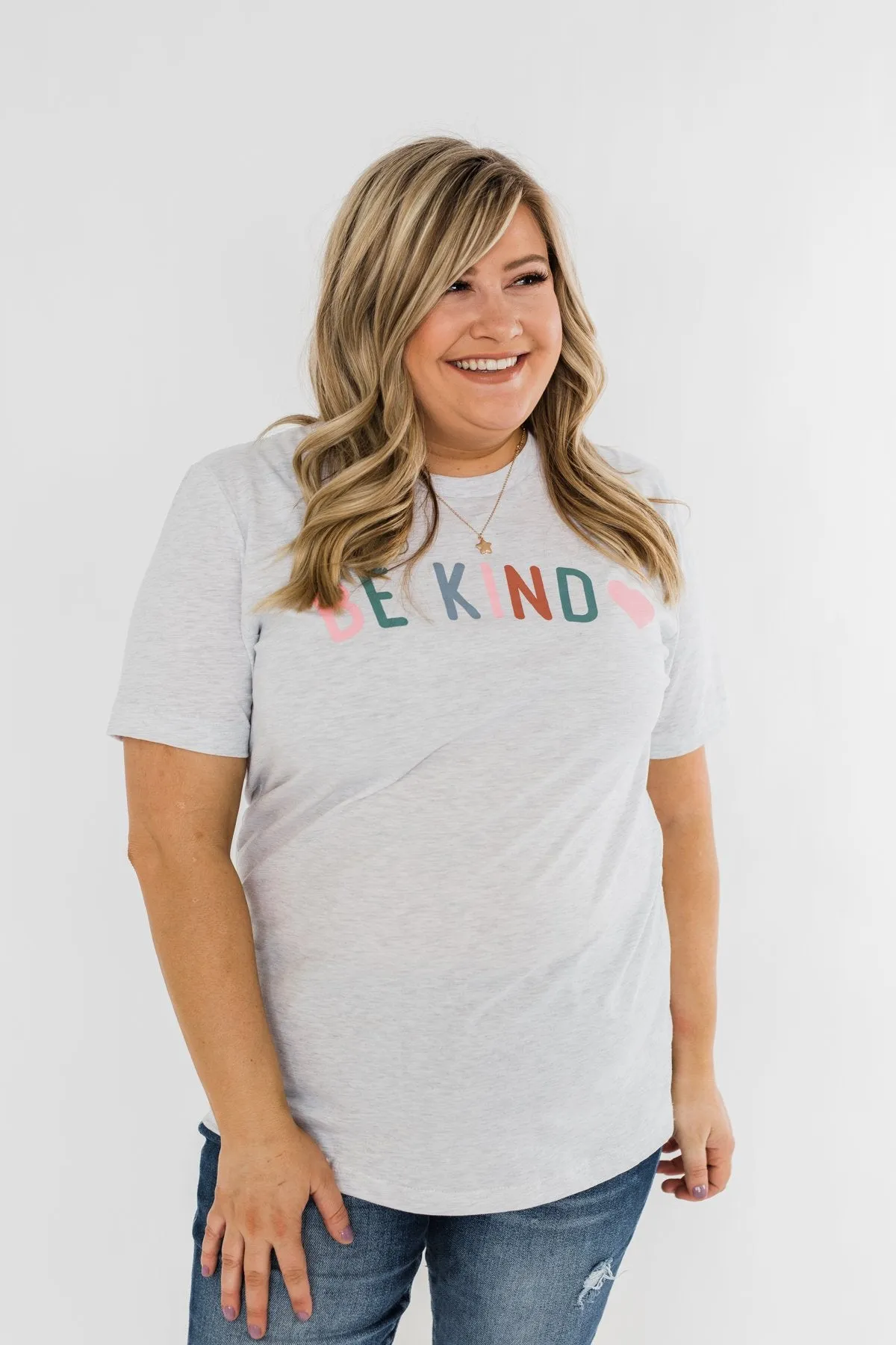 Be Kind With A Heart Graphic Tee- Heather Grey