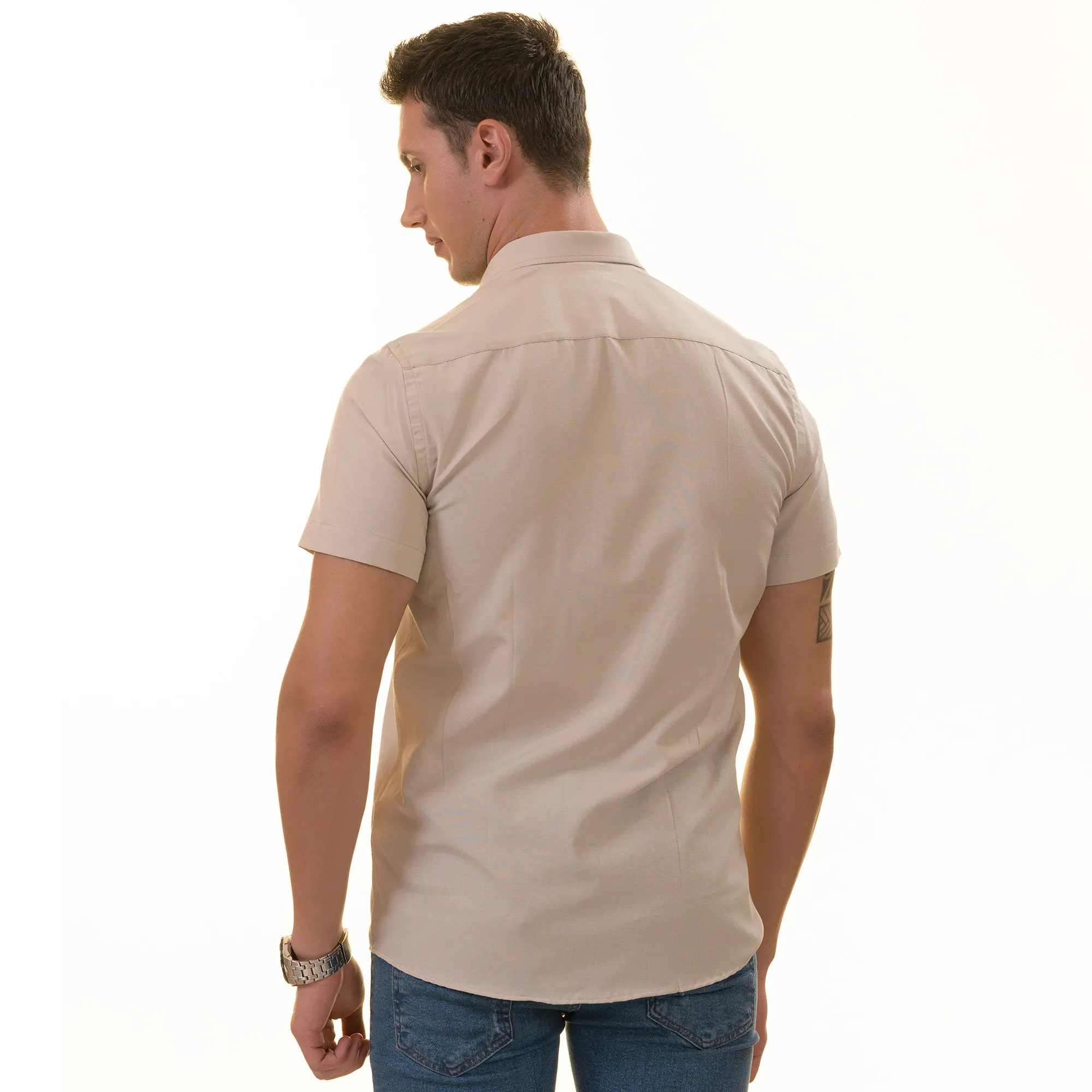 Beige inside different Paisley  Short Sleeve Button up Shirts - Tailored Slim Fit Cotton Dress Shirts