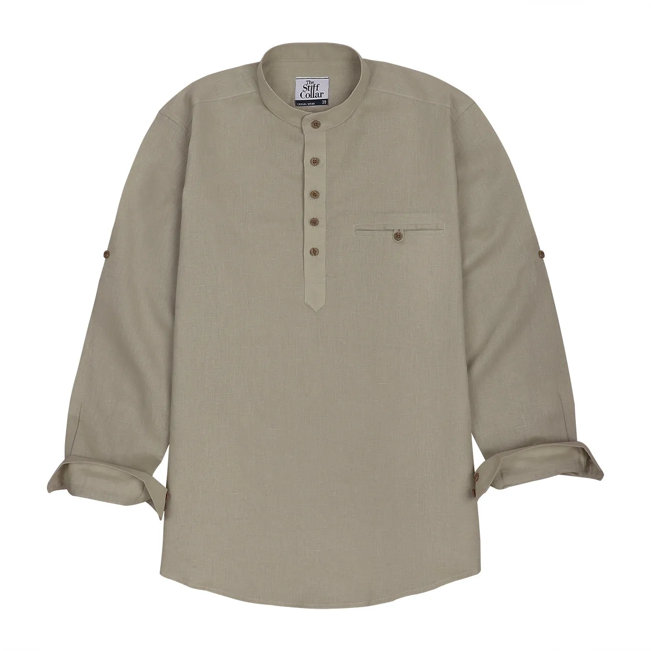 Beige Rolled-up Sleeve Short Kurta