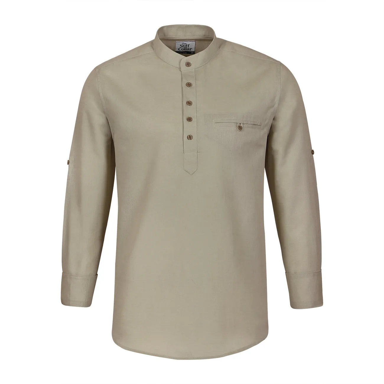Beige Rolled-up Sleeve Short Kurta