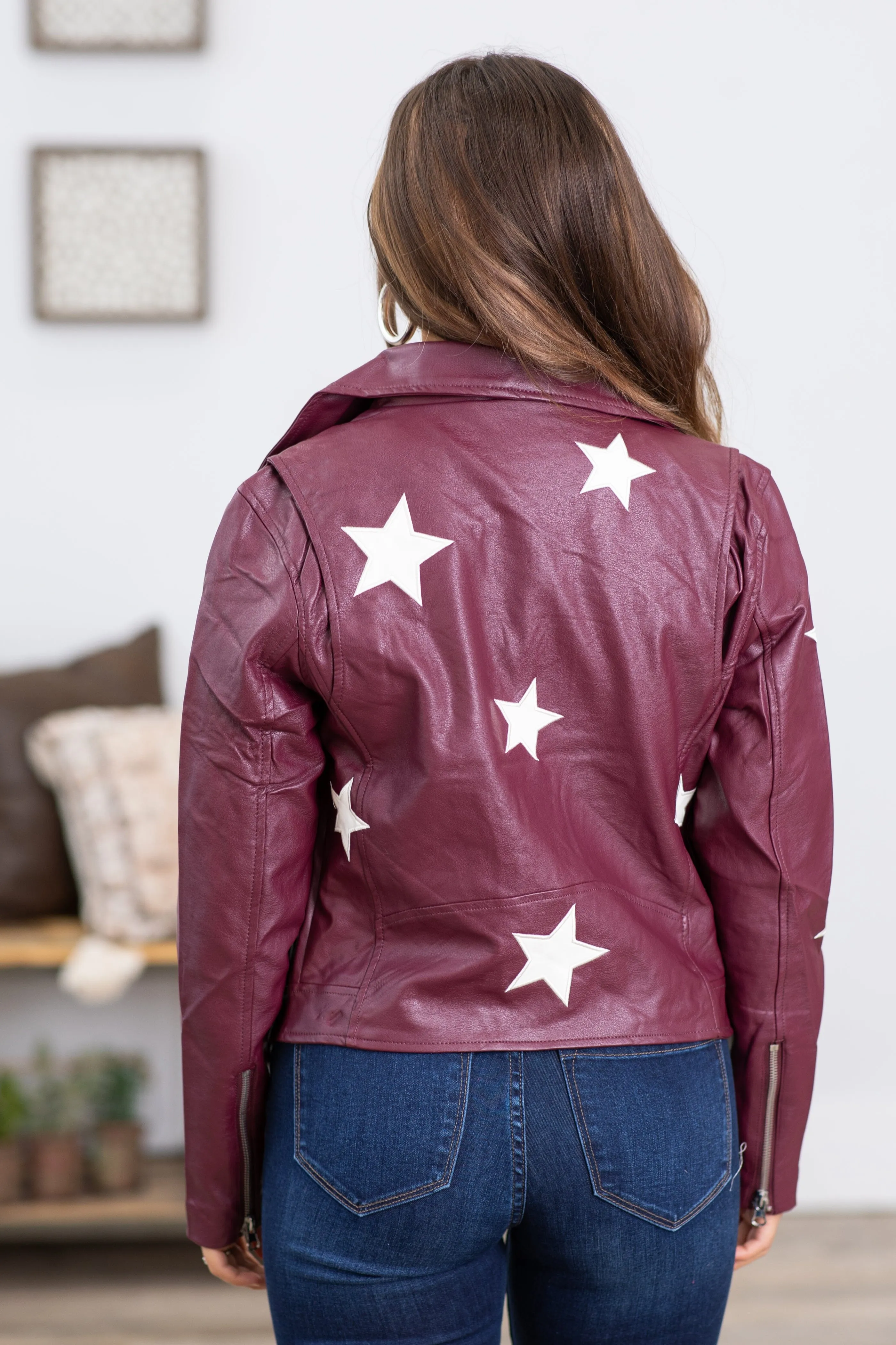 Berry Star Print Faux Leather Moto Jacket