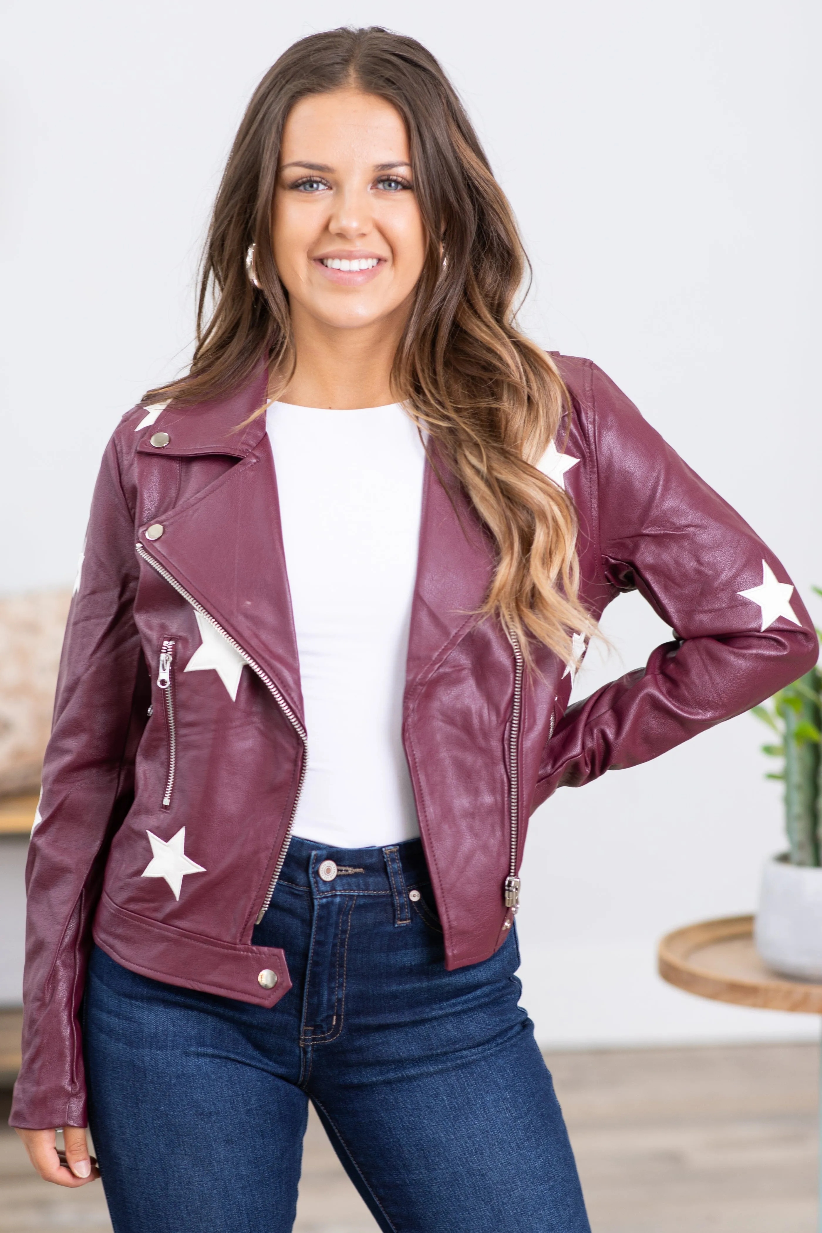 Berry Star Print Faux Leather Moto Jacket