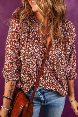 Biking Red Floral Print Smocked Tie Neck Blouse