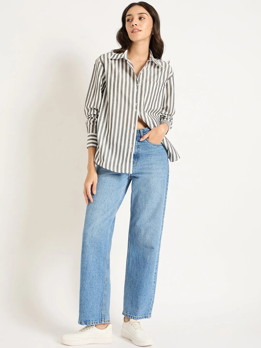 Black And White Button Down Stripe Shirt