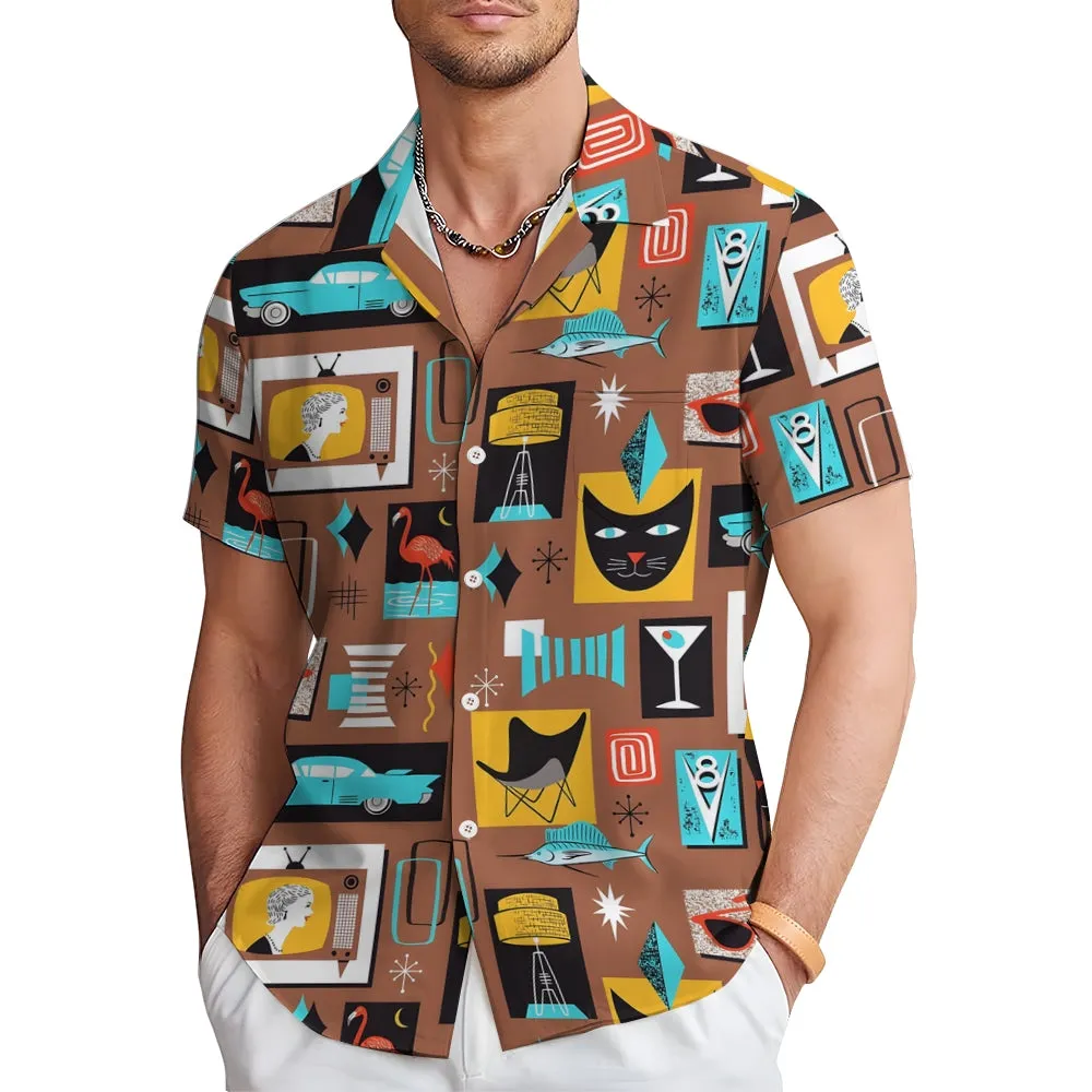 Black Cat Car Poster Illustration Casual Short Sleeve Shirt 2406000417