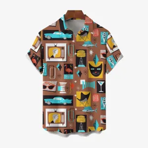 Black Cat Car Poster Illustration Casual Short Sleeve Shirt 2406000417