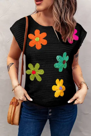 Black Flower Crochet Round Neck Knitted Top