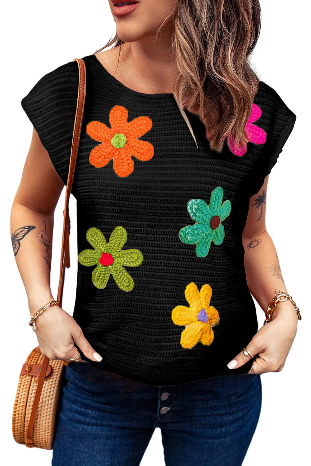 Black Flower Crochet Round Neck Knitted Top