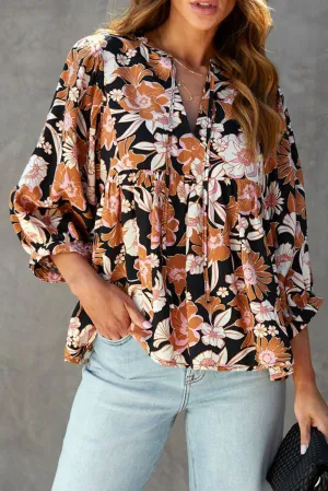 Brown Tie Split Neck Floral 3/4 Sleeve Babydoll Blouse