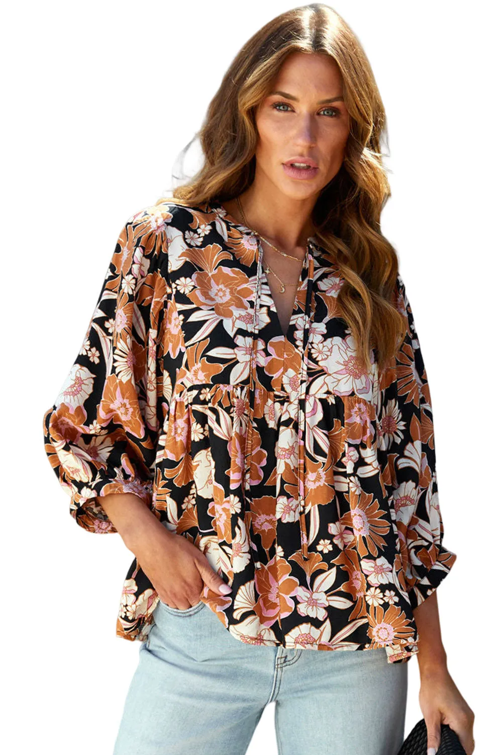 Brown Tie Split Neck Floral 3/4 Sleeve Babydoll Blouse