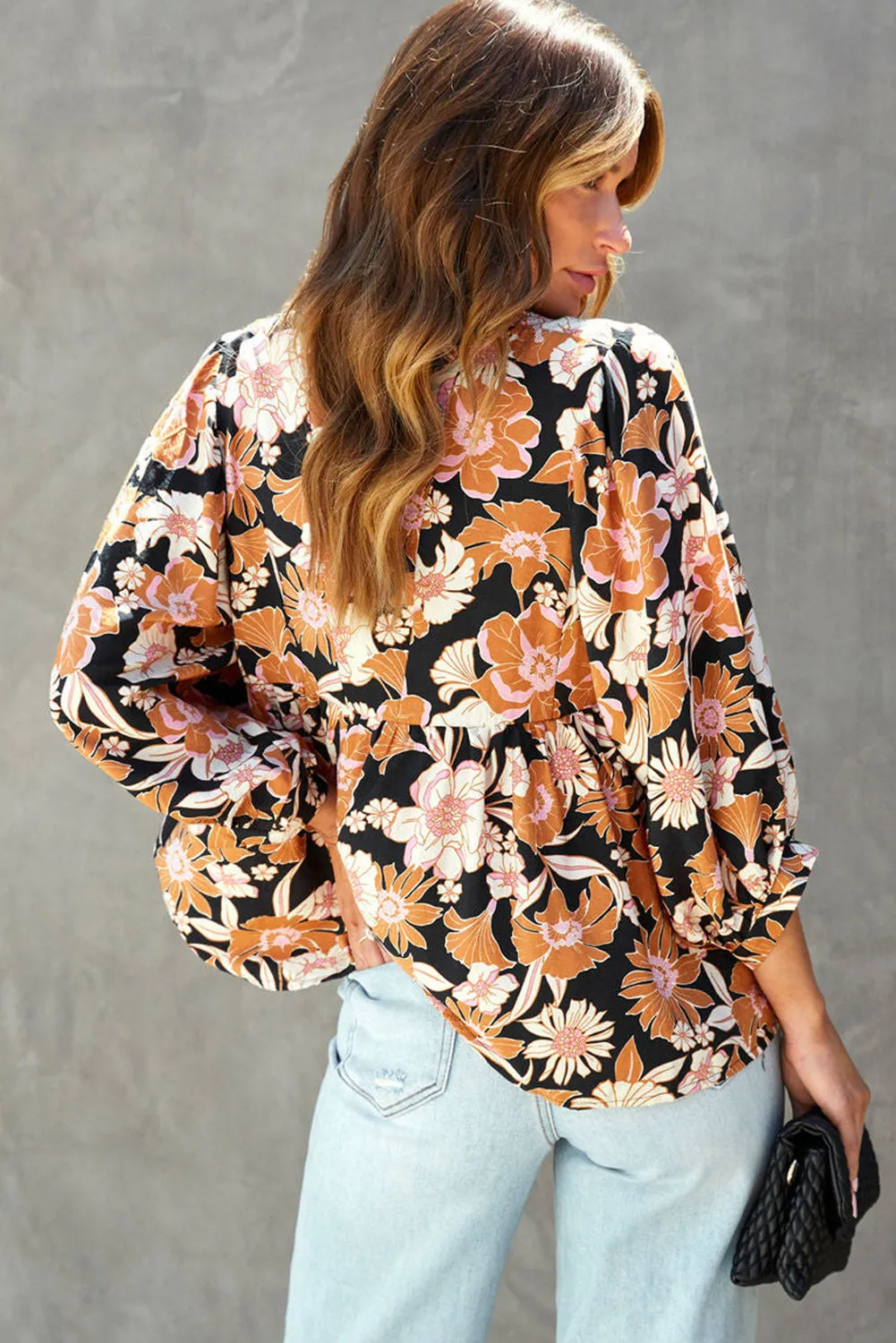 Brown Tie Split Neck Floral 3/4 Sleeve Babydoll Blouse