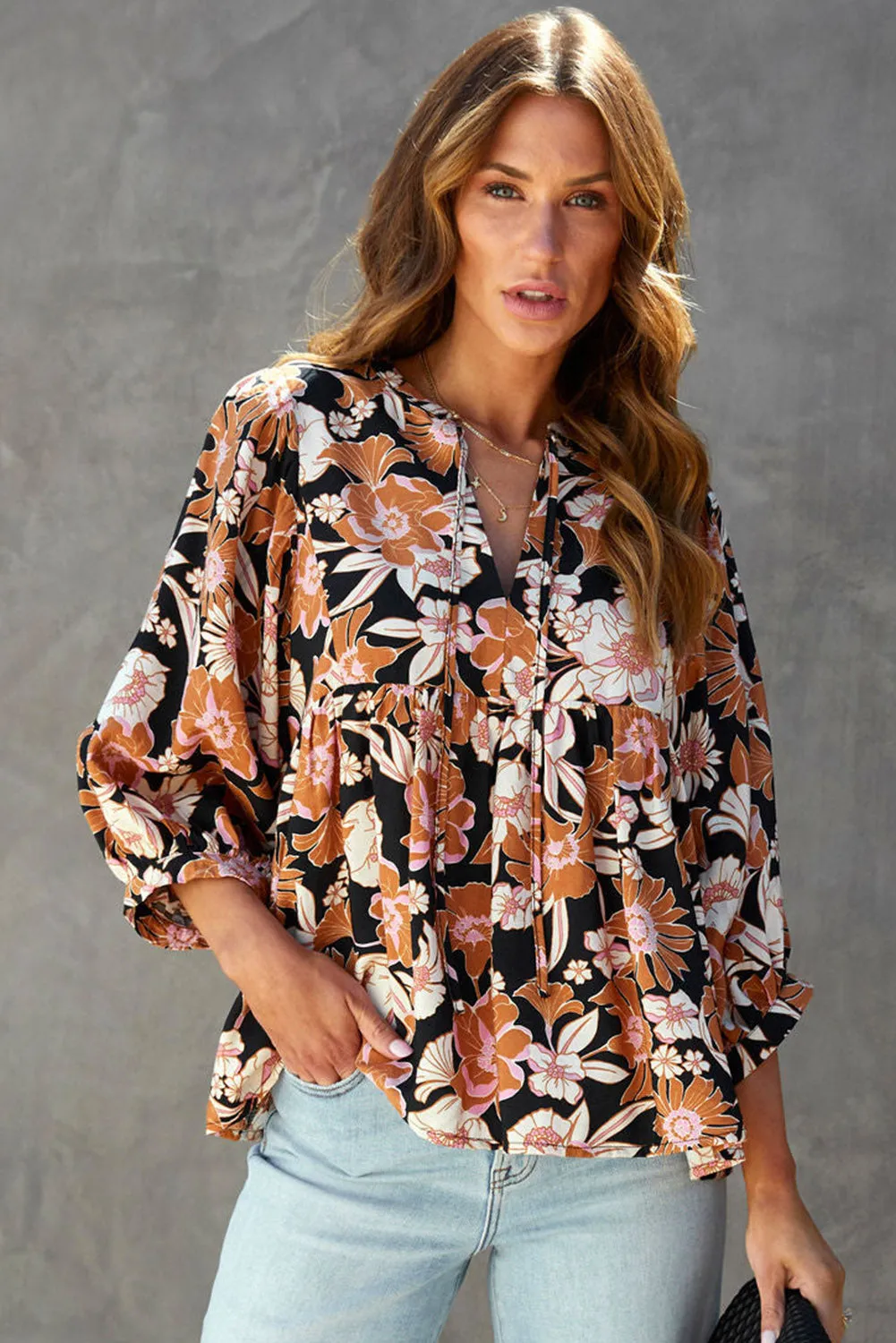 Brown Tie Split Neck Floral 3/4 Sleeve Babydoll Blouse