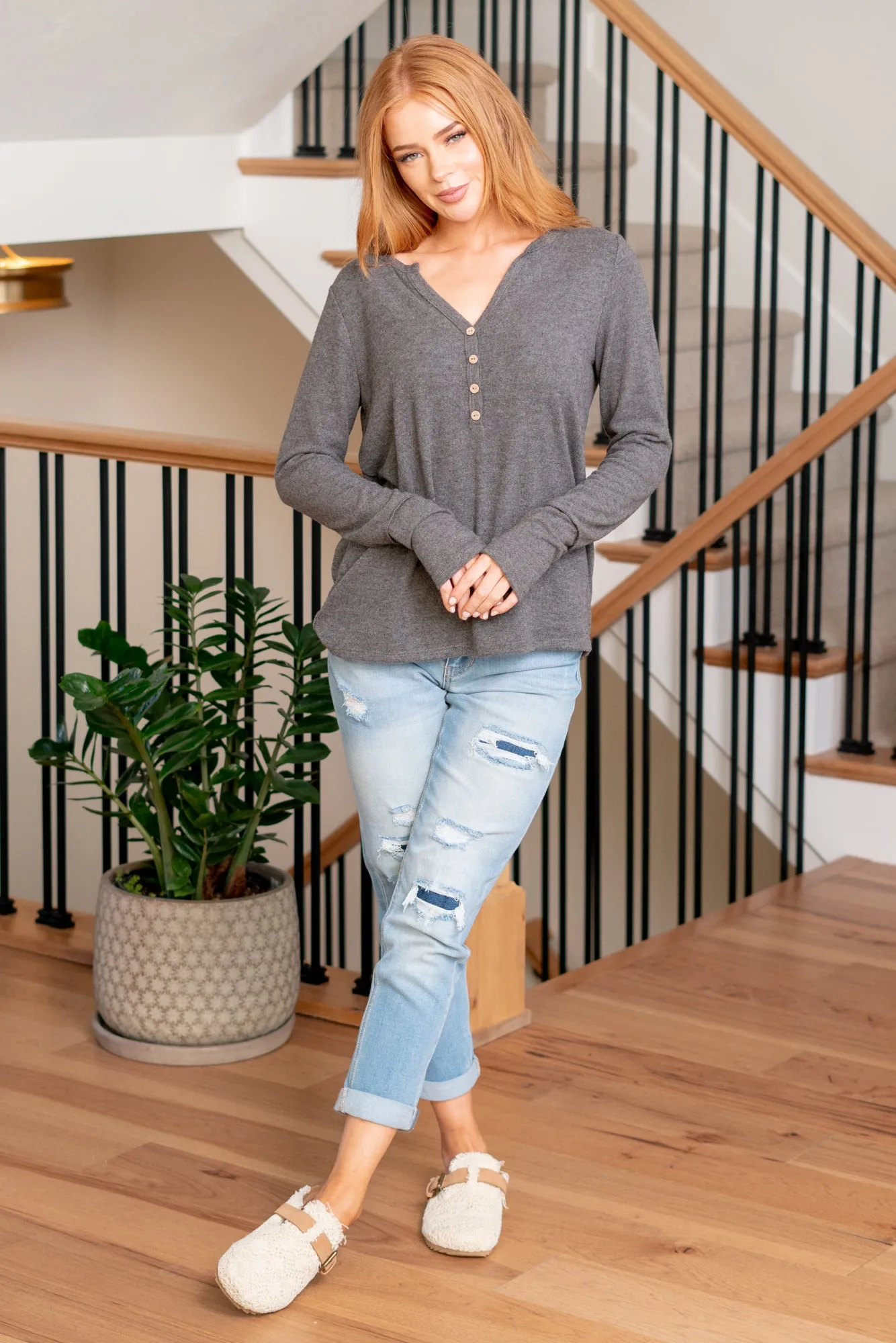 Brushed Haaci Button Down Detail Thumb Opening Top - Charcoal