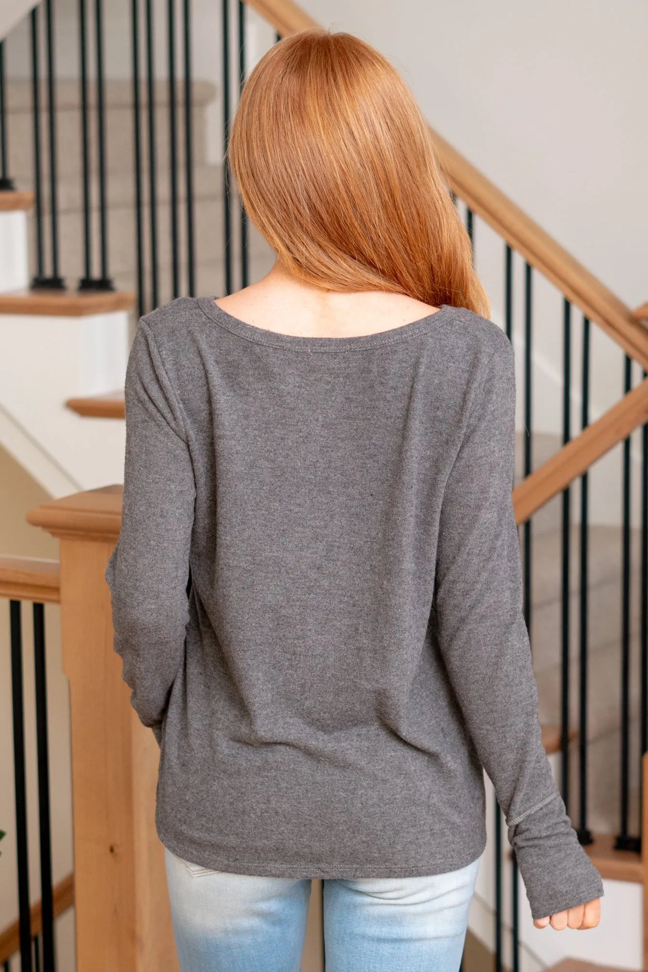 Brushed Haaci Button Down Detail Thumb Opening Top - Charcoal