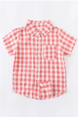 Button Down Short Sleeve Blush Red Gingham Plaid Shirt