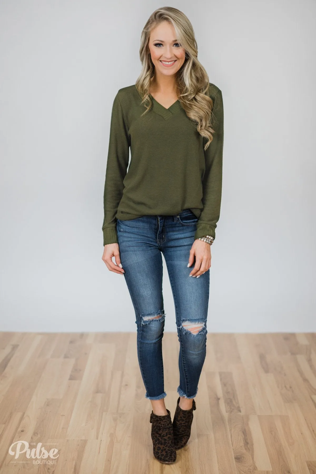 Can't Forget You V-Neck Top- Olive