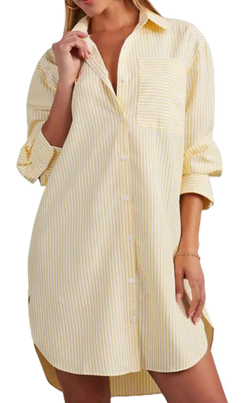 Chouyatou Women's Casual Loose Long Sleeve Striped Button Down Mini Shirts Dress with Pocket