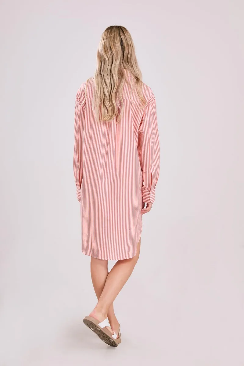 Chouyatou Women's Casual Loose Long Sleeve Striped Button Down Mini Shirts Dress with Pocket