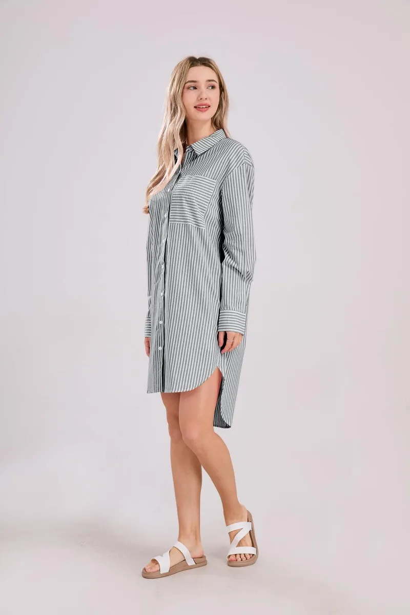 Chouyatou Women's Casual Loose Long Sleeve Striped Button Down Mini Shirts Dress with Pocket