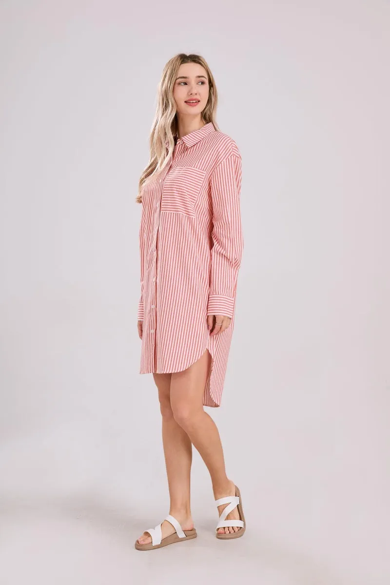 Chouyatou Women's Casual Loose Long Sleeve Striped Button Down Mini Shirts Dress with Pocket
