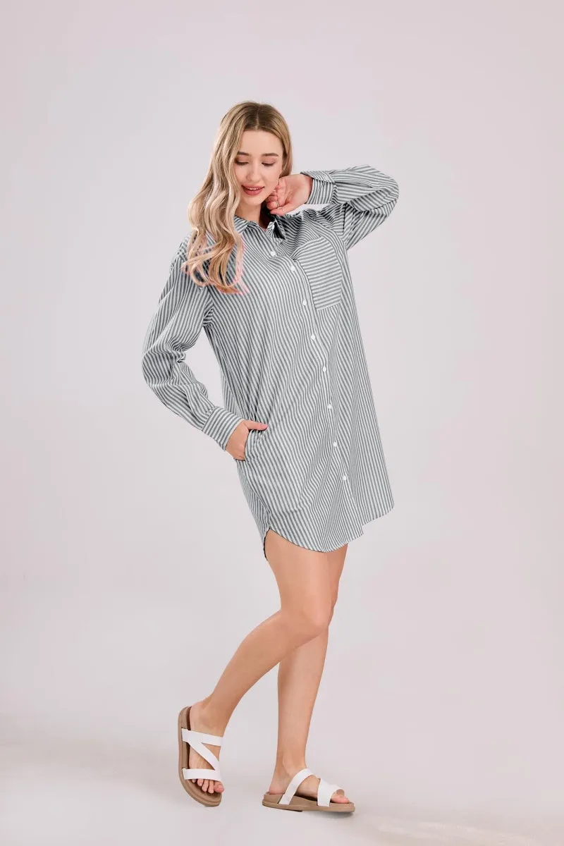 Chouyatou Women's Casual Loose Long Sleeve Striped Button Down Mini Shirts Dress with Pocket
