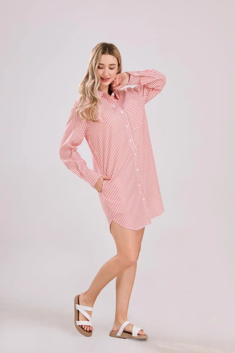 Chouyatou Women's Casual Loose Long Sleeve Striped Button Down Mini Shirts Dress with Pocket