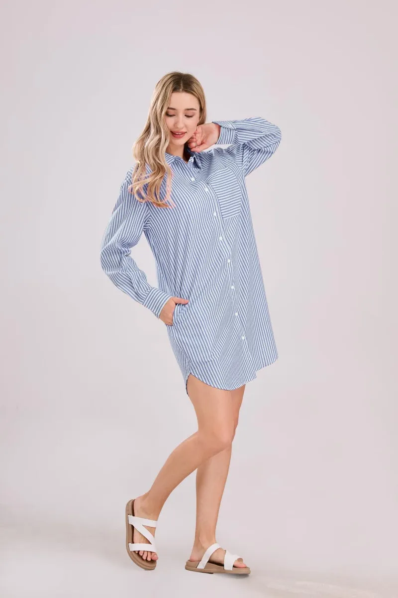 Chouyatou Women's Casual Loose Long Sleeve Striped Button Down Mini Shirts Dress with Pocket