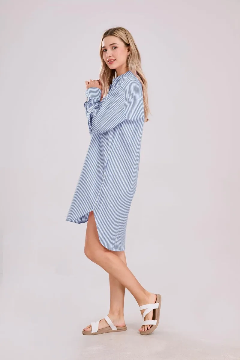 Chouyatou Women's Casual Loose Long Sleeve Striped Button Down Mini Shirts Dress with Pocket