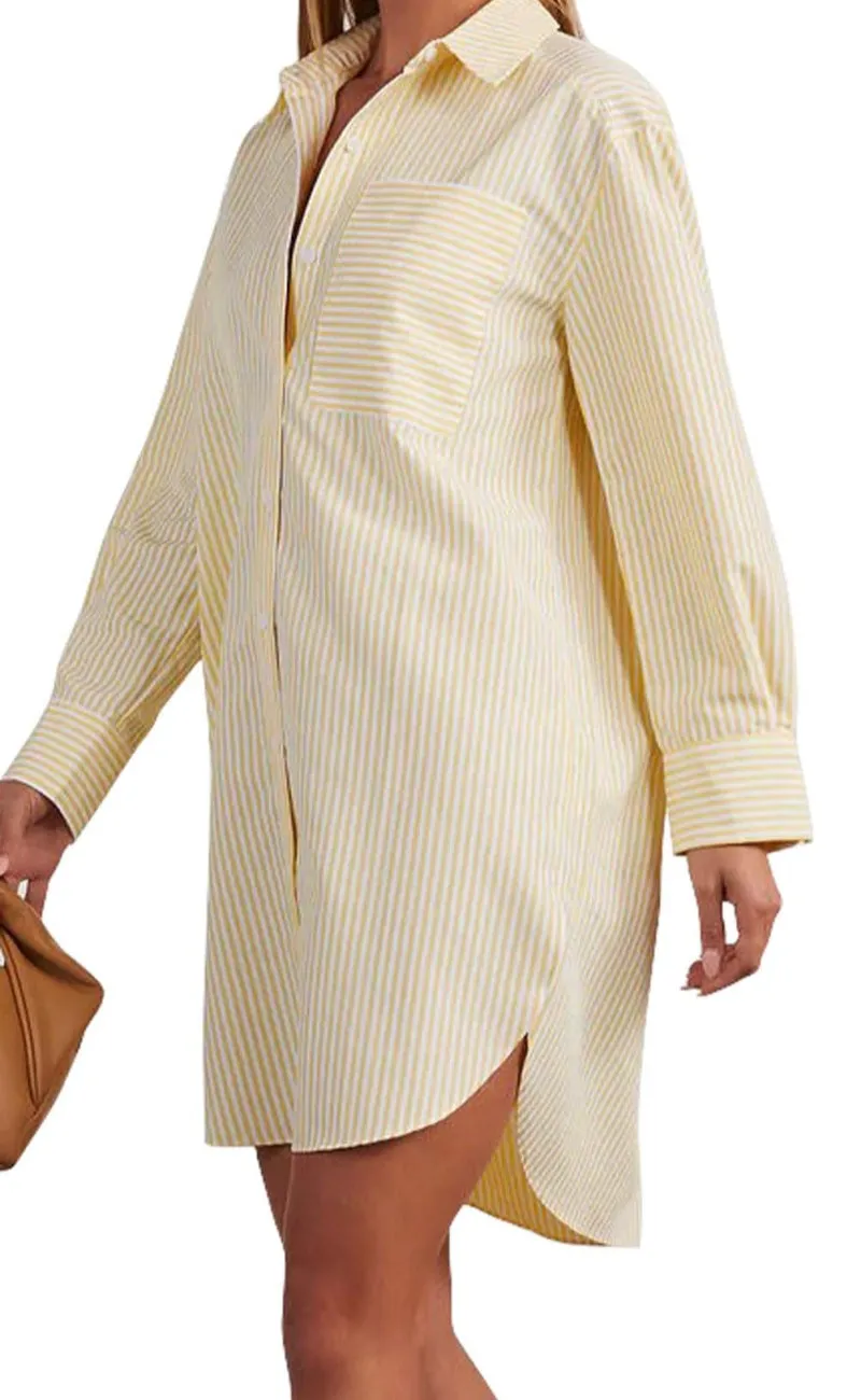 Chouyatou Women's Casual Loose Long Sleeve Striped Button Down Mini Shirts Dress with Pocket